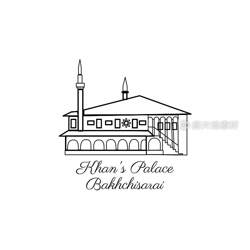 克里米亚的向量地标，Khan's Palace Bakhchisarai，白色上孤立的装饰性欧洲建筑，旅游图标塔，平面建筑，手绘景点，网页设计的线条艺术标志